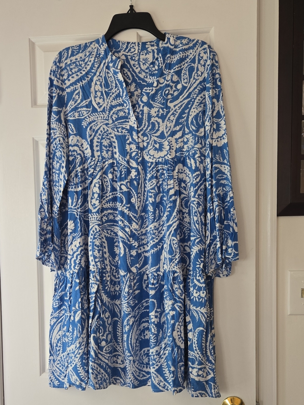 Blue & White Paisley Cotton Blend Tiered Dress Size 12–14 - Picture 3 of 8